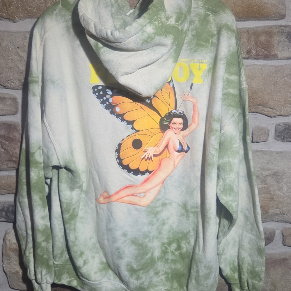 PLAYBOY Green Tie-Dye Hoodie with Butterfly Design